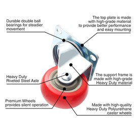 8 Pack 3 Inch Caster Wheels Swivel Plate on Red Polyurethane Wheels