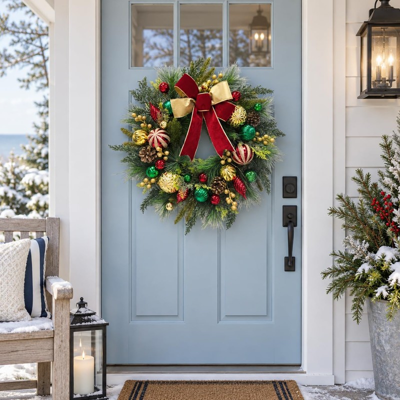 22 Inch Lighted Christmas Wreath with Timer, Red Bow and