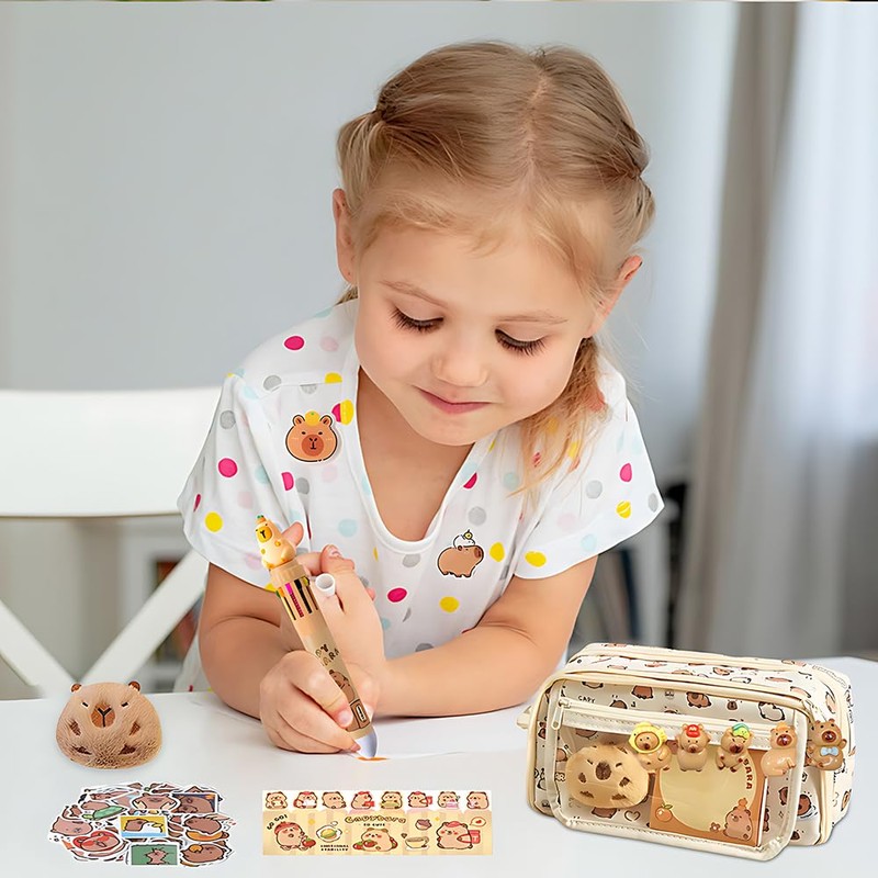 Capybara Pencil Case with 9 Compartments, 37 Pieces Capybara Stationery