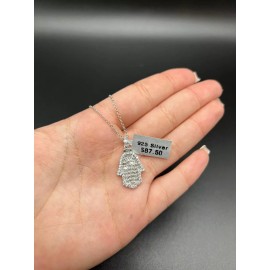 Trendy Real 925 Sterling Silver and cz Hamsa Pendant with Stainless Steel Necklace 18'