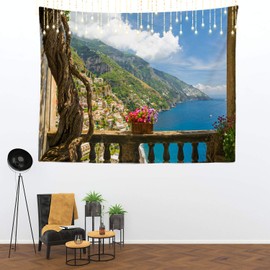Shrahala Beautiful Tapestry, Positano Amalfi Coast Italy Wall Hanging Large Tapestry Psychedelic Tapestry Decorations Bedroom Living Room Dorm(51.2 x 59.1 Inches, Blue Coast)