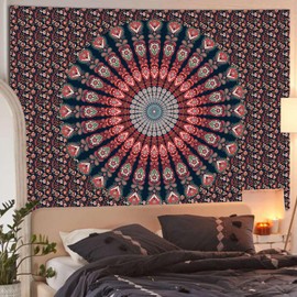 Miytal Indian Mandala Floral Tapestry, Hippie Bohemian Peacock Handmade Psychedelic Wall Hanging Decorative Tapestries for Bedroom, Living Room - 51.2" x 59.1" - Red