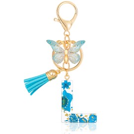 MWOOT Letter Keychain Initial Keyring Letter L, Alphabet Resin Flower Key Chain with Butterfly Tassel Pendant Handbag Purse Charm, Blue Petal Keyring for Women (L), Blue-L