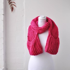 Basic Sense Knitted Winter Scarf with Pockets, Warm Chunky Knit Scarves, Fuchsia Pink