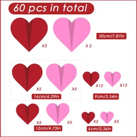 Valentines Day Wall Decorations Galentines Day 60 Pcs Red Pink 3D Pink Heart Wall Stickers Waterproof Wall Decals for Wedding Anniversary Party Bedroom Home Decor