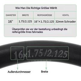 47/57-305 Bicycle Inner Tube with 32 mm Schrader Valve, 16 x 1.75/2.125 Robust Bicycle Inner Tubes for BMX, MTB, Children's Bike, Road and Mountain Bike, 16 x 1.75/1.95/2.10/2.125, Pack of 2