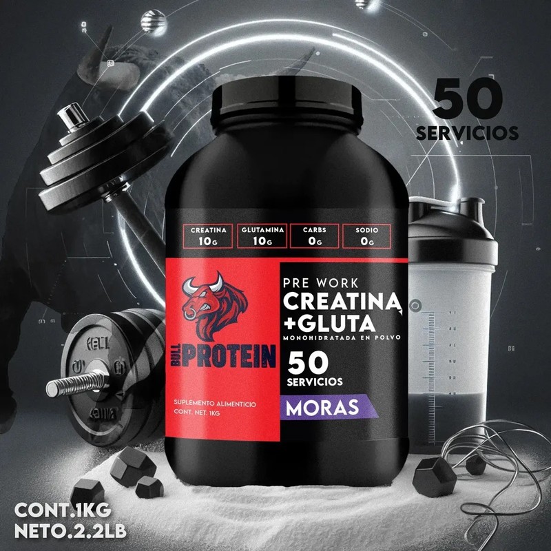 Suplemento Creatina Glutamina Bull Protein 1kg 50servicios