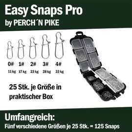 PERCH`N PIKE Snaps in Set Including Box, Duo-Lock Snap, 11-33 kg, 125 Snaps for Spin Fishing, Snaps for Pike, Perch, Zander and Trout, Fishing Swivel Set, Snap Fishing Accessories, Carabiner
