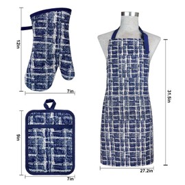 Alselo Oven Mitts and Pot Holders with Cooking Apron,set of 5 Heat Resistant Kitchen Gloves and Silicone Non-Slip Potholders Adjustable Neck Buckle Chef Apron, Cotton Nice Design for Cooking (Navy)