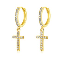 Loutade Silver Hoop Earrings for Women, 925 Sterling Silver Hoop Earrings with Cross Dangle, Hypoallergenic Gold Earrings Minimalist CZ Cute Cross Charm Dangling Gold Huggie Earrings Trendy Jewelry