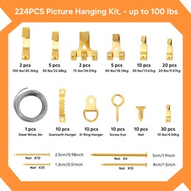 KEDEMAS 224 Pcs Picture Hooks for Frames, Picture Hanging Kit, Heavy Duty Picture Hooks with Picture Hanging Wire, Hooks, D-Ring, Nails, Hammer and Wall Hanger Level
