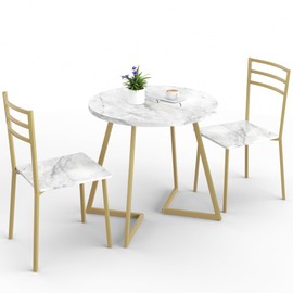 VECELO Small Round Dining Table Set for 2, Wood Tabletop with Strong Metal Frame, Modern Dinette with Chairs for Kitchen, Breakfast Nook Living Room, White & Gold