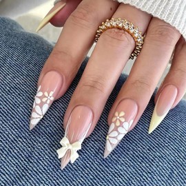 BABALAL Long Stiletto Press on Nails - Yellow French Tip Fake Nails, Summer Flower & Bow Charm Design, Full Cover Acrylic Nails Supplies Coquette Almond False Nails 24Pcs Artificial Nails for Women