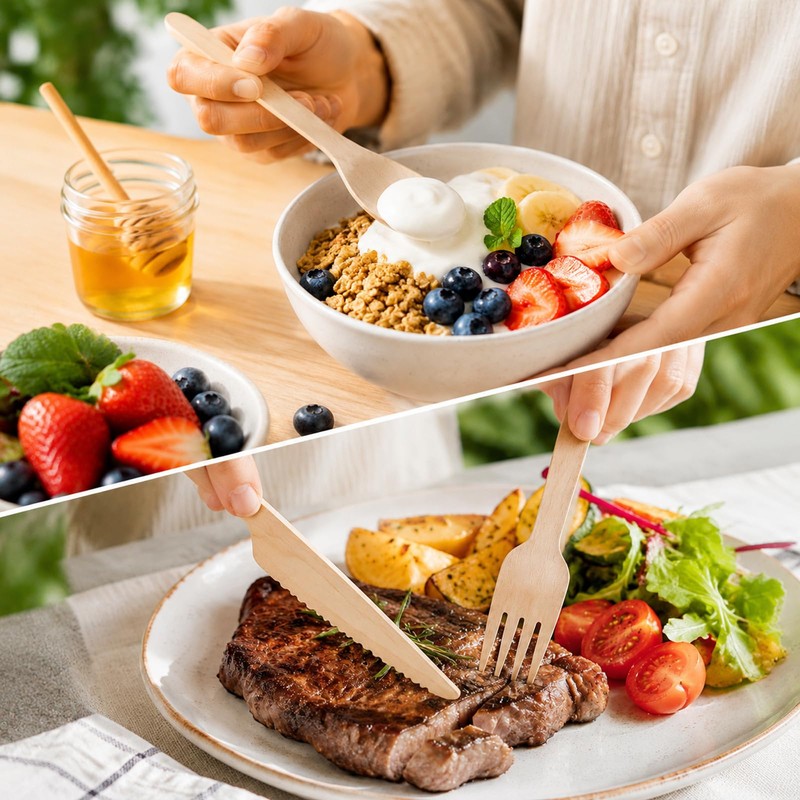 Mwellewm 100% Compostable Cutlery Set Wooden Utensils Disposable Silverware