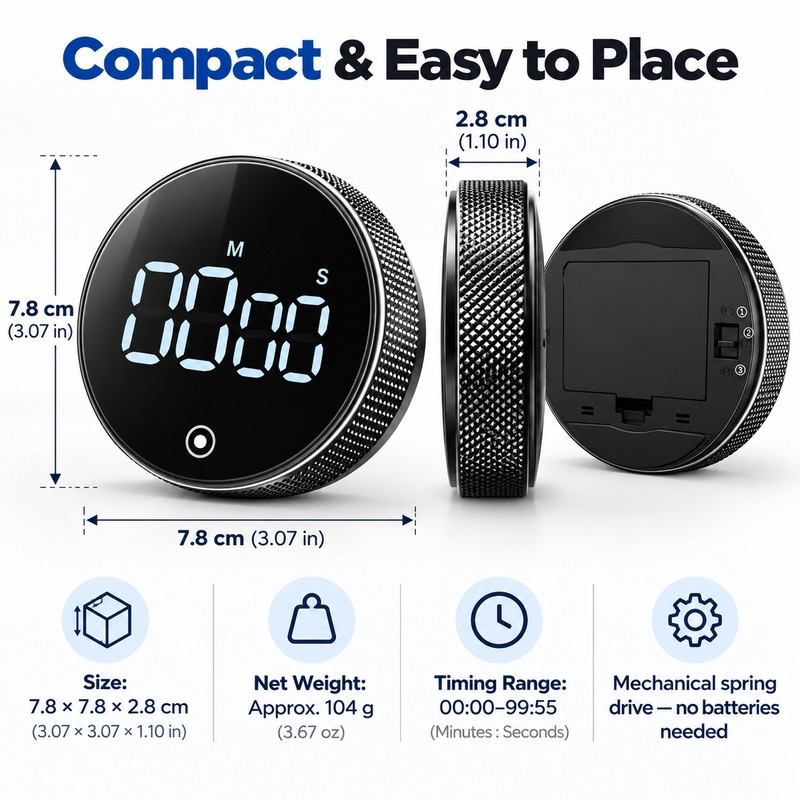 Magnetic Rotary Kitchen Timer – Battery-Free Count Up & Countdown