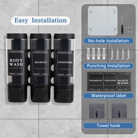 Shampoo and Conditioner Dispenser -Wall-Mounted Refillable 3-Chamber Shower Soap Dispenser,No-Drill, for Bathroom, Kitchen, Hotel,3 x 300ML (Black)