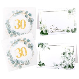 Pack of 20 Place Cards and 20 Napkins for 30th Birthday, 30th Birthday Napkins, Eucalyptus Table Decoration, Name Cards with Schön Dass Du Da Bist for 30th Birthday Decoration, Anniversary Woman Man