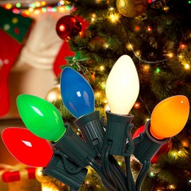C7 Christmas Lights, 25 Ft Incandescent Christmas String Lights 27 Colorful Ceramic Bulbs Lights, Vintage Christmas Lights Hanging Outdoor Patio Holiday Wedding Christmas Decoration (Green Wire)