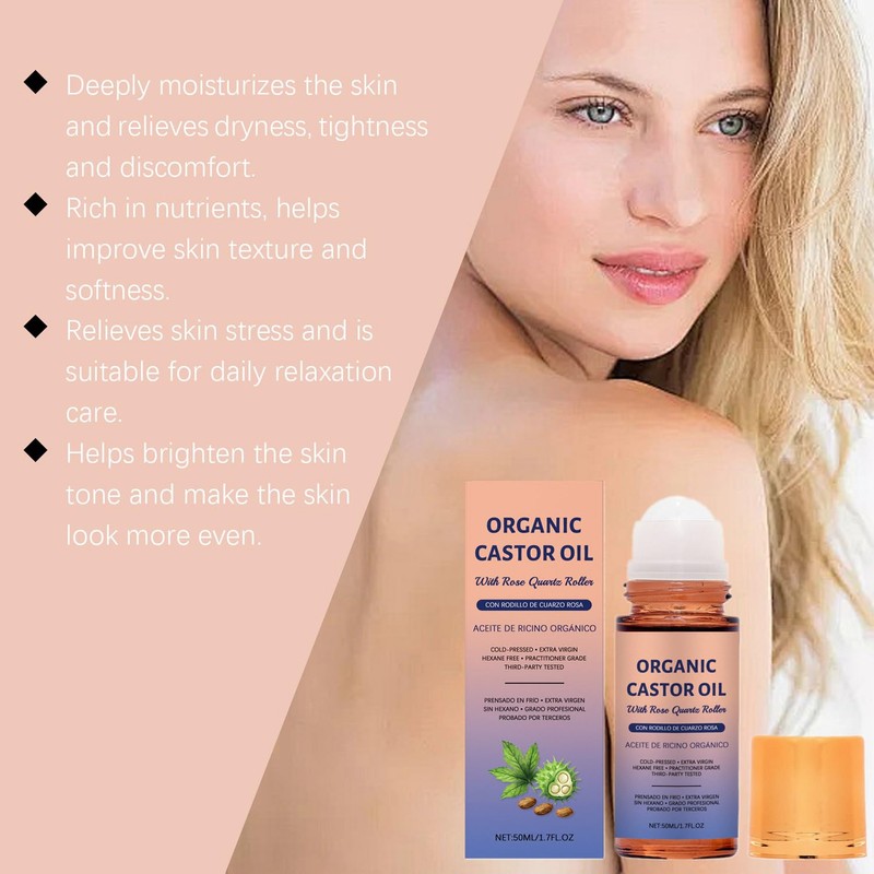 2PC Organic Castor Oil Roll-On with Rose Quartz,100% Pure Cold-Pressed