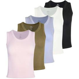 5 Pack Womens Tank Top Crop Tops Scoop Neck Cropped Workout Cute Woman Tanks Seamless Ribbed Sleeveless Yoga Athletic Clothes Seamless Summer