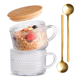 Fashionstorm Glass Coffee Mugs Set of 2, Overnight Oats Containers with Spoons and Bamboo Lids, 14oz Clear Embossed Tea Cups, Ideal Coffee Bar Accessories Gifts for Women