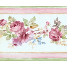 Concord Wallcoverings Wallpaper Border Floral Pattern Flowers Leaves Buds for Living Room Bedroom Dining Area, White Pastel Pink Brown Green Purple, 3.75 Inches by 15 Feet PR79654