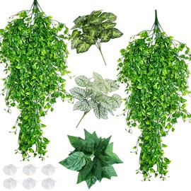 Hamiledyi Reptile Plants Tank Habitat Decorations Fake Hanging Vines 5 Pcs Artificial Leaves Habitat Decorations with Suction Cup for Bearded Dragon, Leopard Gecko, Lizard, Chameleon, Snake (Green)