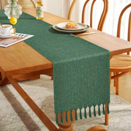 JOALGFDA Camino de Mesa de Algodón y Lino de Color Sólido con Borlas, Adecuado para Fiestas, Bodas y Decoraciones de Mesa (Verde Oscuro, 33x183cm)