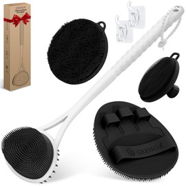 GEENOA Silicone Back & Body & Face Scrubbers Set 4PCS, 15.35’’ Soft Back Scrubber for Dual-Side Usage, Easy-to-Hold Bath Glove Body Scrubber Face Scrubber for Good Foaming & Deep Cleaning(Black)