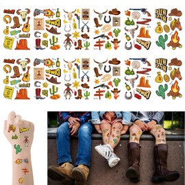 Hying 12 Sheets Cowboy Cowgirl Temporary Tattoos Western World Tattoos Stickers Waterproof Desert Guitar Cactus Makeup Face Tattoos for Birthday Party Decorations