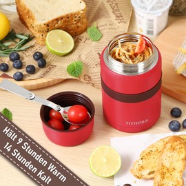 TITIROBA Thermal Food Container BPA-Free 304 Stainless Steel Food Container Thermobox 500 ml with Spoon and Bag Red