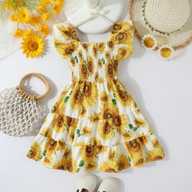 Girls Sunflower Dress Halter Sleeveless Toddler Floral Sundress Casual White Summer Bithday Beach Dress (1581-6-7T)