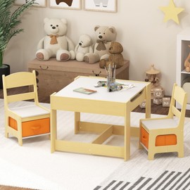 CHEFJOY Toddler Table and Chair Set, 3 in 1 Children Activity Table with Storage Drawer & Reversible Tabletop, Wooden Kids Table and Chair Set for Arts & Crafts, Snack Time, Reading (Natural + Orange)