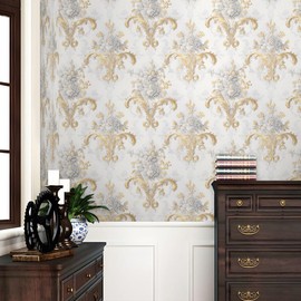 REDAMANCY White Golden Yellow Damask Vintage Peel and Stick Wallpaper Stick on Contact Paper Vintage Wall Paper Easy Peel Off for nightstand Drawer Cabinet Renter
