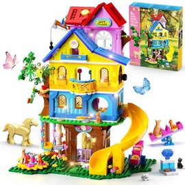 HOGOKIDS Girls House Building Set with LED Light, Pet Funpark Friends Tree House Blocks with Stable Slides Swings, 4-Story Garden Building Toy for Role Play, Birthday Gift for Girl Boys Kids Ages 6-12