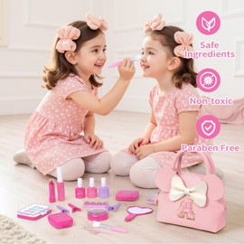 QLOVEA Pretend Makeup Kit for Girls Kids Toddlers - Initial Purse & Makeup Sets for Kids Make Up Toys Gifts for Girls Kid S