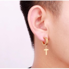 Gold Hoop Earrings for Men Boys, Gold Vintage Stainless Steel Cross Drop Dangle Hoop Earrings Hypoallergenic Cartilage Earrings Jewellery Gifts for Graduation Easter Christmas