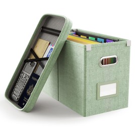 Oterri File Organizer Box with Lid, Portable Hanging File Box with Mesh Pocket, Collapsible Filing Storage Box for Letter Size, File Organizer for Office/Home/School(1 PCS, Green)