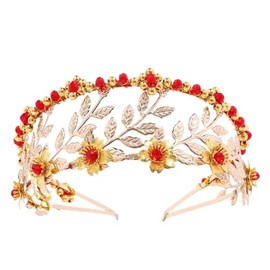 Foryysa Gold Leaf Flower Headband Red Rhinestone Wedding Hairband Bridal Goddess Headpieace Birthday Costume Hair Accessory Women Girls