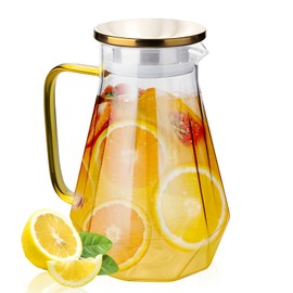 YTDTKJ Diamond Glass Pitcher 68 oz, 2 L Glass Water Jug with handle & Gold Lid, Hot & Cold Water Carafe, Hot & Cold Beverage Jug for Juice, Tea, Milk (Transparent)