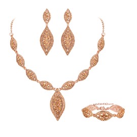 Flyonce Wedding Jewelry Set Rhinestone Crystal Bridal Leaf Necklace Link Bracelet Drop Dangle Chandelier Earrings Set Champagne Color