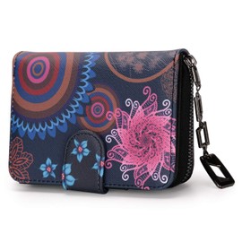 Women's Small Short Purse with Flowers and Blossom Pattern in Mandala and Ethnic Style, Purse with Zip and Press Stud and Many Compartments Synthetic, Mandala Black