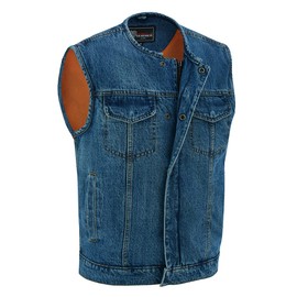 Vance Leather Men's Blue Denim Collarless Club Vest with Conceal Carry Pockets (Blue, Medium)