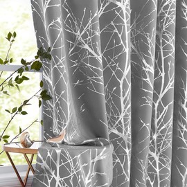 Fmfunctex Silver Tree Grey Blackout Curtains 63 inches for Bedroom Living Room Metallic Branch Print Window Panels Thermal Insulated Drapes for Guest Room Hotel Grommet Top 2 Pack