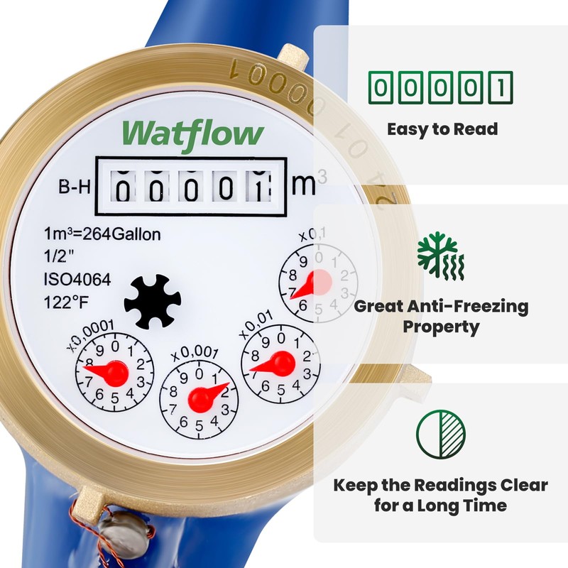 Watflow DN15 Water Meter 1/2"NPT, Cubic Water Flow Meter, Cold