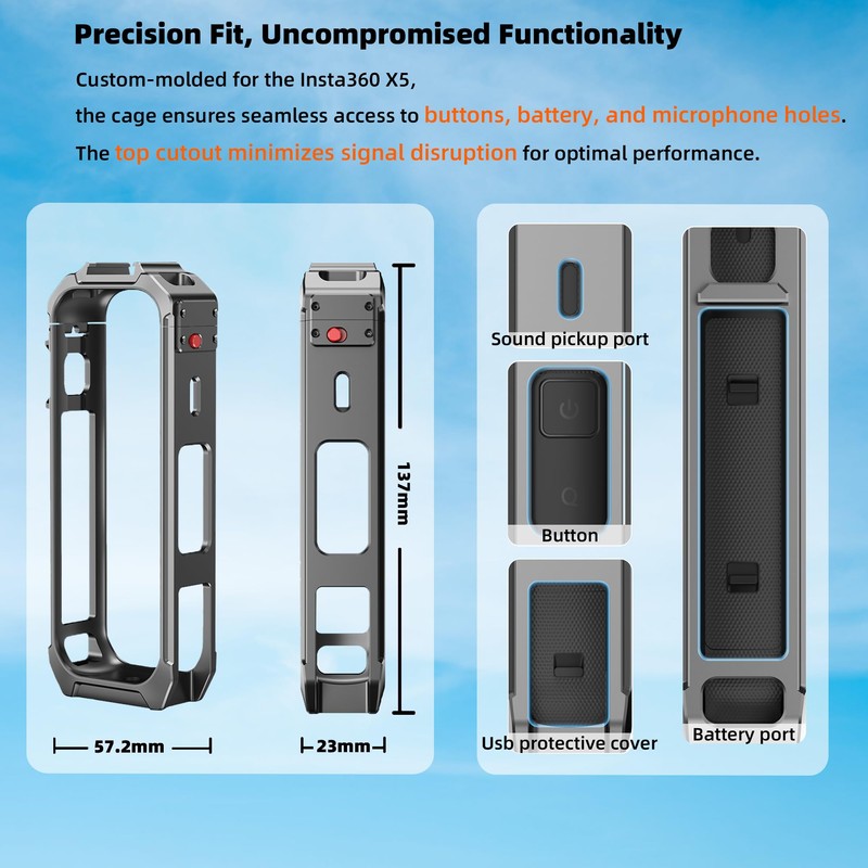Aluminum Protective Cage for Insta360 X5, Multifunction Utility Frame Case