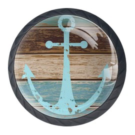4 Pcs 35mm Cabinet Knobs Anchor On Weathered Wooden Planks Rustic Marine Nautical Round Furniture Drawer Handles Dresser Cupboard Pulls with Screws for Home, Kitchen, Bathroom (1-3/8 Inches)