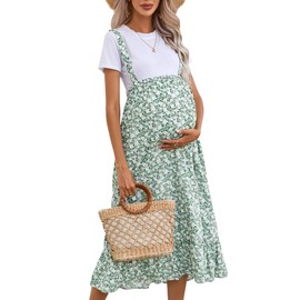 KOJOOIN High Waisted Maternity Midi Skirt Summer Casual Flowy Ruffle Adjustable Suspender Skirt Photoshoot Baby Shower Green Floral S