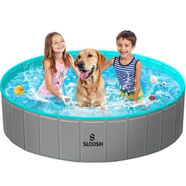 Sloosh Foldable Dog Kiddie Pool - Portable Hard Plastic Doggie Swimming Pool, Anti-Slip Collapsible Pets Bath Tub Suitable for Kids Indoor Outdoor Backyard Use (63" x 12", Grey)