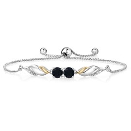 Gem Stone King 925 Silver and 10K Yellow Gold Black Onyx and White Lab Grown Diamond Tennis Bracelet For Women (0.97 Ct Round 5MM, Gemstone Birthstone, Fully Adjustable Up to 9 Inch)